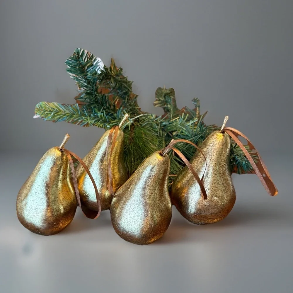 4 Vtg Elegant Gold Pear‎ Christmas Ornament 4.75